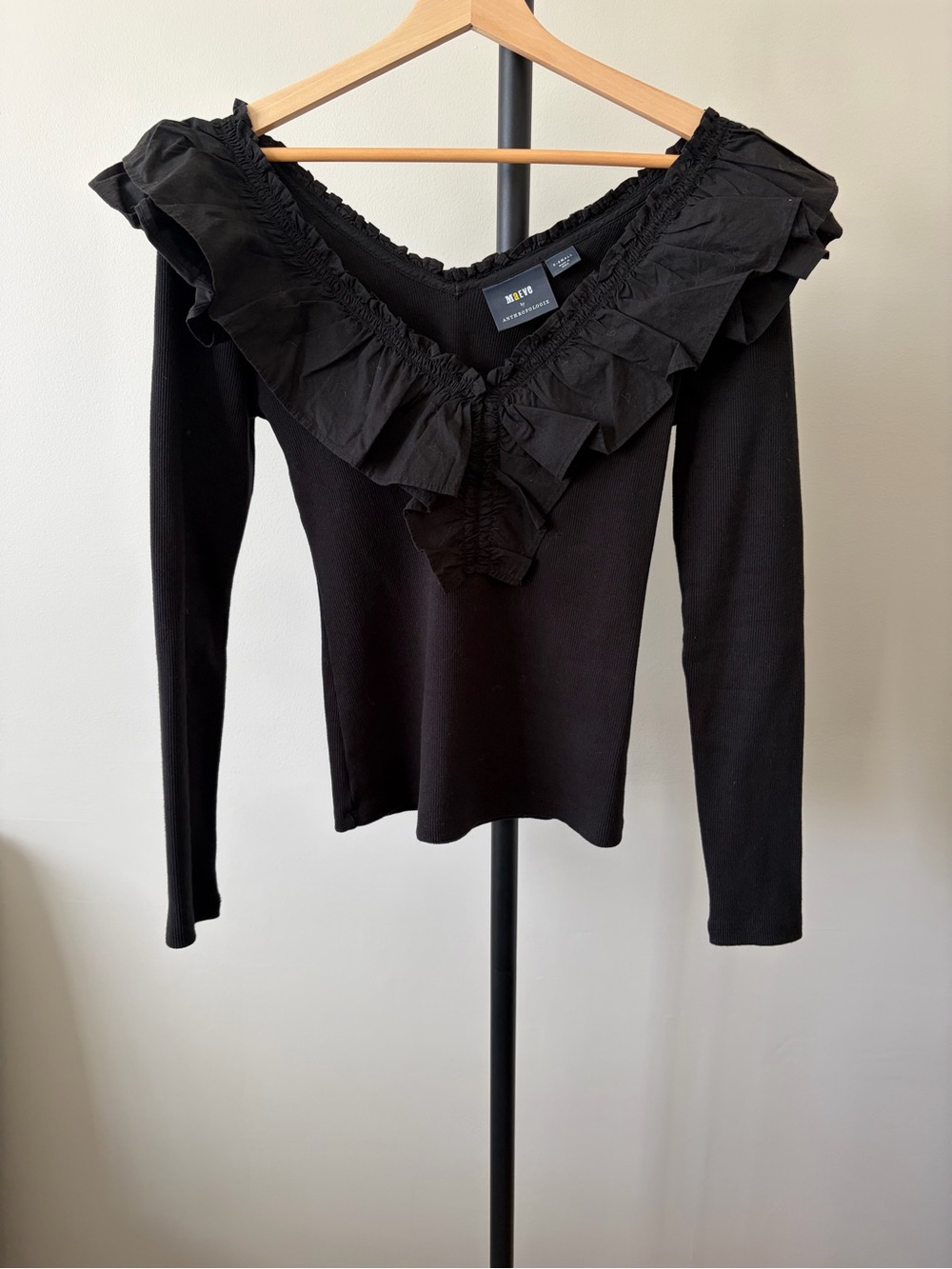 Anthropologie Maeve Black Ruffle-Trim V-Neck Top